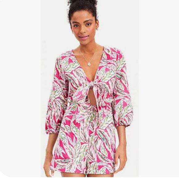 LOFT Beach Palm Tie Front Linen Pink Floral Print 3/4 Puff Sleeve Romper S - Picture 1 of 7